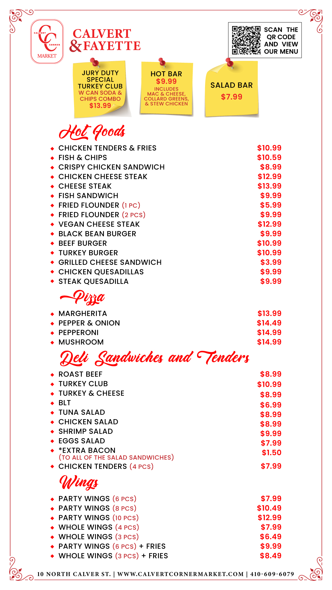 Calvert Corner Market Menu — Hot Foods, Deli, Pizza, Wings