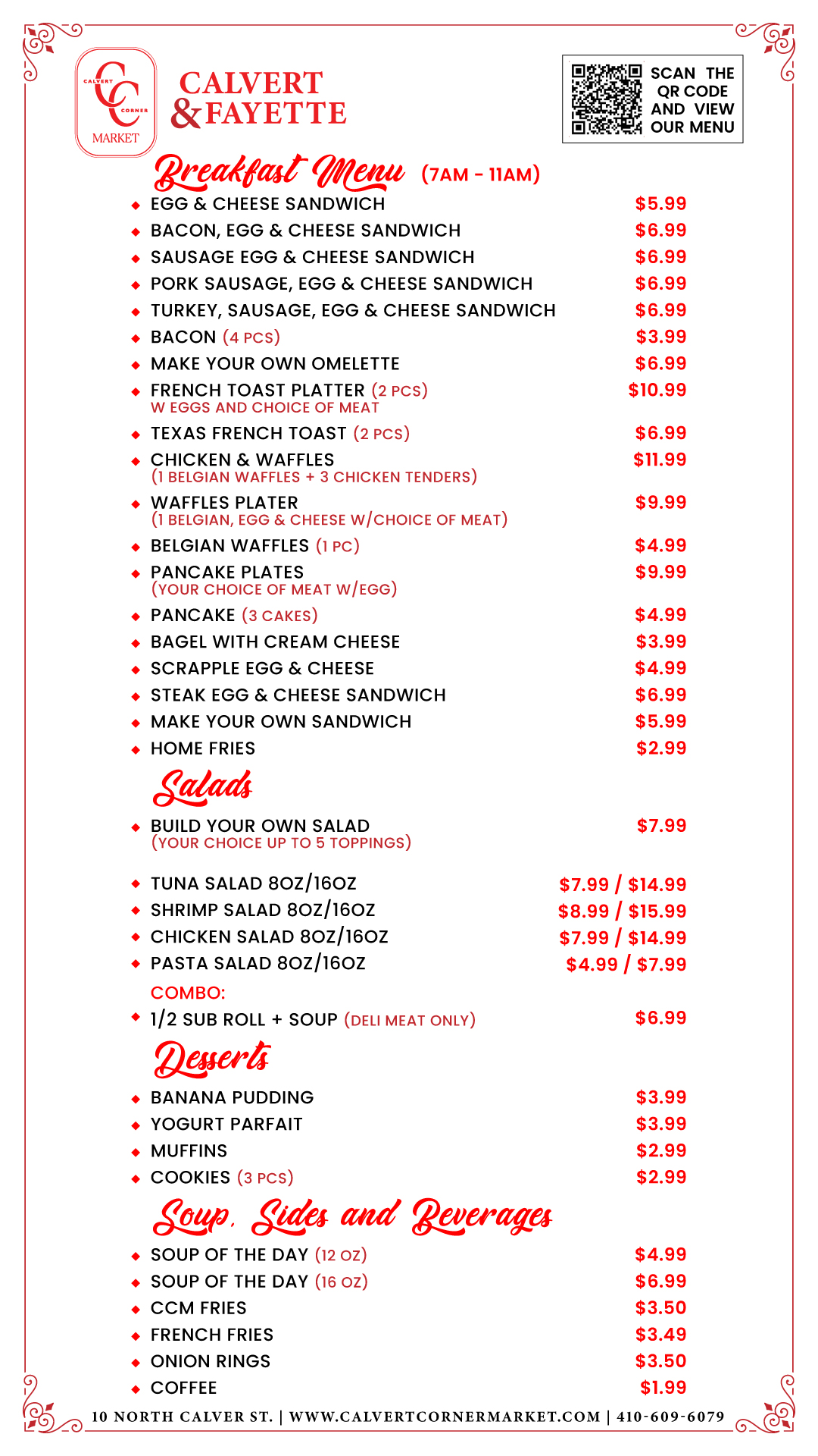 Calvert Corner Market Menu — Breakfast, Salads, Desserts, Sides