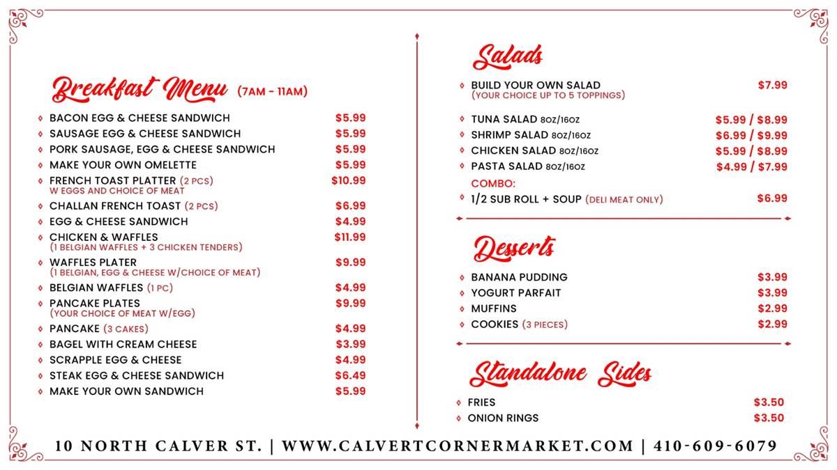Calvert Corner Market Menu — Breakfast, Salads, Desserts, Sides